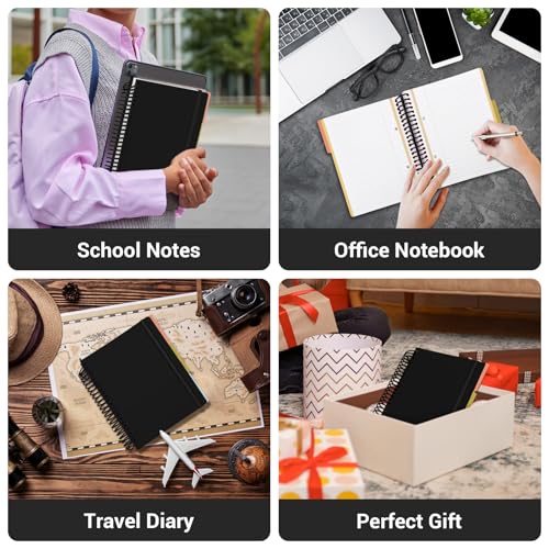 EUSOAR Black Spiral Notebook, 1 Pack A5 7.3" x 8.1" 3 Subject Notebook Journal, College Ruled Hardcover Cute Notebook 240 Pages 90gsm Thick Paper with Pocket for Work Office School Supplie - color: Black, style: A5 Lined