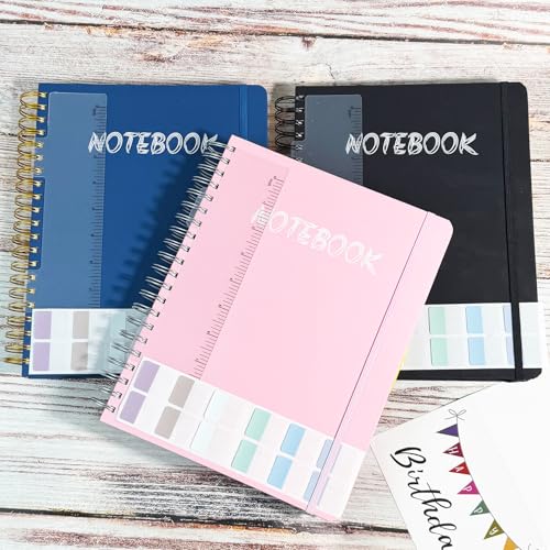 5 Subject Notebook College Ruled, 300 Pages A4 Hardcover Spiral Notebook with Removable Dividers Tabs 8.5" x 11" 100GSM Large Lined Journal Notebooks for Work School - color: black