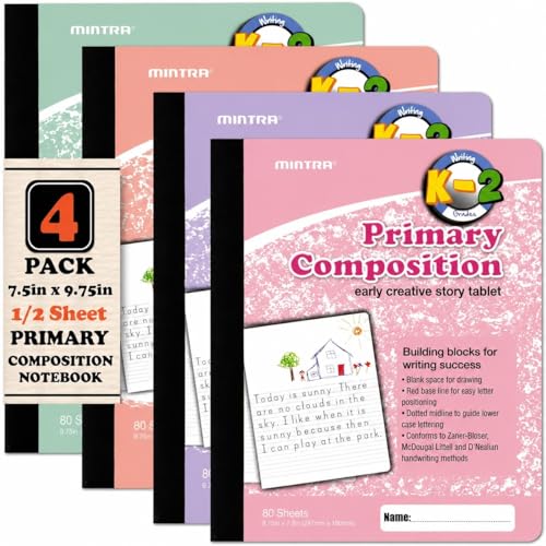 Mintra Office Primary Ruled Composition Books (Primary Ruled - Pastel, 4 Pack) - color: Primary Ruled - Pastel, size: 4 Pack