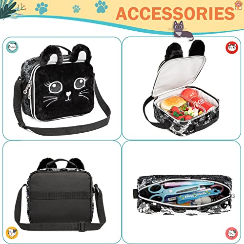 Girls Kids Rolling Backpack with Wheels Trolley School Bag Waterproof Travel Luggage for Kids Girls and Students lunch bag Lightweight and Multi functional 5-10 Years Old - color: Black Cat