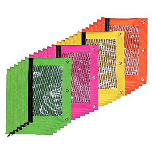 BAZIC PRODUCTS Bright Color 3-Ring Pencil Pouch with Mesh Window, 24-Box | clear mesh window and a zipper closure for pens, pencils, supplies - size: 24-Pack