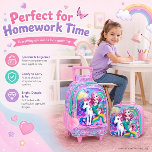 AGSDON 3PCS Kids Rolling Backpack, Girls Roller Wheels Bookbag, Wheeled Elementary School Bag with Lunch Bag - Mermaid - color: Fish Uni Rainbow Roller
