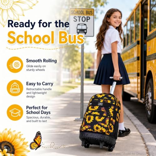 3Pcs Rolling Backpack for Girls, 19 Women Inche Roller Bag with Wheels, Sunflower Wheeled Bookbag Set for Adults(Yellow) - color: Sunflower