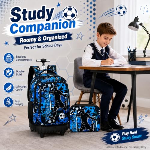 gxtvo Kids Rolling Backpack for Boys, Men Wheeled Bookbag with Lunch Box for Adults, Water Resistant Roller School Bag for College Teens Kids Travel - Blue Soccer - color: Rolling Backpack Shot Football Blue