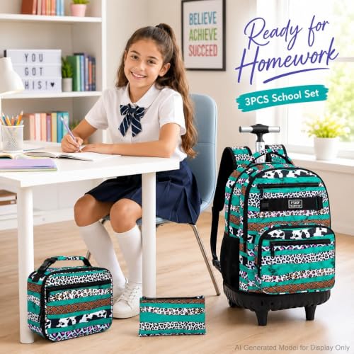 gxtvo Rolling School Backpack for Girls, Women Roller Bookbag with Lunch Box for Adults, Water Resistant Wheeled School Bag for College Teens Kids Travel - Leopard Print & Green Stripe - color: Leopard Print Green Stripe
