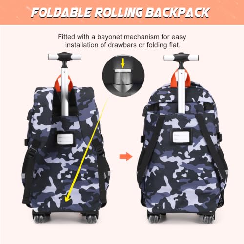 DIGOBAY Camo Rolling Backpack for Boys, 3PCS Tactical Kids Rolling Backpack Set with Lunch Bag & Pencil Case, Boys Wheeled School Bookbag for Elementary, Middle, High School - color: Camouflage Gray/Orange