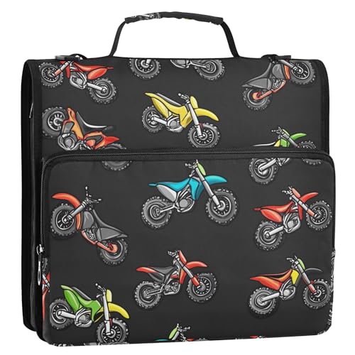 Fisyme Motocross Dirt Bike Black Zipper Binder 3 Ring with Zipper and Shoulder Strap Large Capacity Multi-Pocket Binder Organizer - color: Multi-cute Black