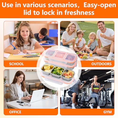 3 Pack Container Sets, Stainless Steel Food Containers, 3-Compartment Leak-Proof Lunch Box Set, Reusable Bento Boxes, Stackable Storage Containers, Ideal for School, Daycare, Work, and Travel