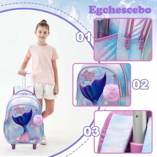 Kids Rolling Backpack for Girls Trolley Suitcases Luggage Travel with Wheels Bookbag Wheeled 17" 3PCS Roller Backpacks Toddler Back Pack School Bags Set for Elementary Mermaids Sky Blue - color: 5225-yuweiba-sky Blue