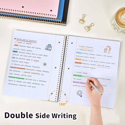 Spiral Notebook College Ruled Paper 8" x 10-1/2", 1 Subject Spiral Notebook 80GSM Paper, 3-Hole Punched Perforated Pages Ideal for School, Office, Writing, 75 Sheets Lined Journaling Notebook, Black - color: Black