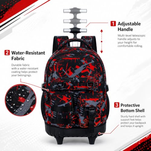 CCJPX 3Pcs Rolling Backpack for Boys, Roller Wheeled School Bookbag, Graffiti Wheels Backpacks with Lunch Box for Kids (Red) - color: Graffiti Red