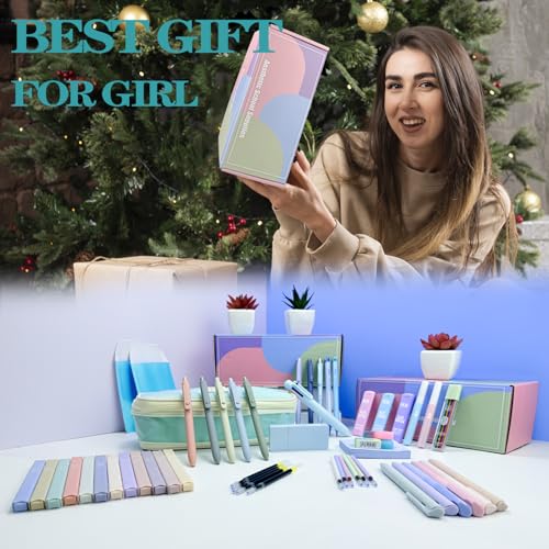 54pcs Aesthetic School Supplies Cute Stationary Set with Pencil Case 12 Highlighters, 5 Black & 6 Color Ink Gel Pens, 6-in-1 Ballpoint Pen,5 Mechanical Pencils 0.5-2.0mm for College Essentials (Blue) - color: Blue