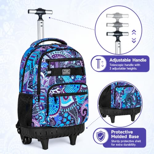 AGSDON Rolling Backpack for Girls, Women Roller Wheels Bookbag, Laptop Flower Wheeled School Bag with Wheels for Teens - color: Purple