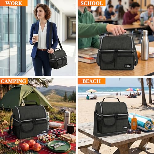 opux Insulated Lunch Bag Women Men, Dual Compartment Leakproof Lunch Box Adults Kids, Double Decker Meal Prep Bento Lunch Cooler Tote with Shoulder Strap for Work Office School Travel, Dark Gray - color: Heather Charcoal