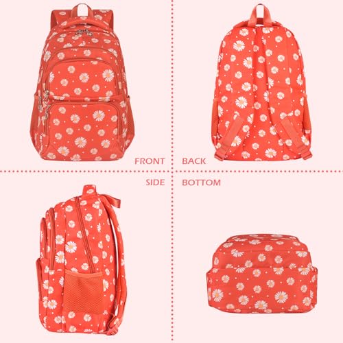 Glodwheat Daisy Printed Backpack For Girls- 3Pc Set With Lunch Box & Pencil Case, Lightweight Water-Resistant Bookbag For Elementary School - color: Orange