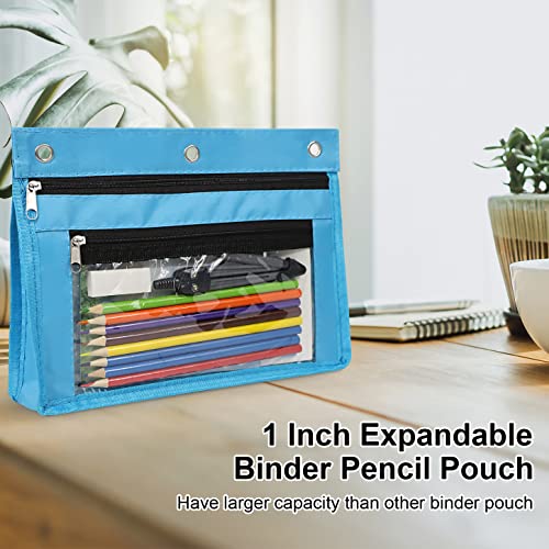 YoeeJob 2 Pack 1 Inch Expandable Zipper Pencil Pouches with Clear Window for 3 Ring Binder, Suitable for School & Office(Sky Blue) - color: Sky Blue