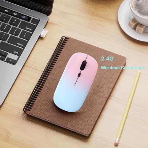 LED Wireless Mouse, Slim Silent Dual-Mode 2.4G+BT Rechargable 7-Color Portable Mobile Optical Office Mouse with USB Receiver, 3 Adjustable Levels for Notebook, PC,Computer, MacBook (Gradient pink) - color: Gradient pink