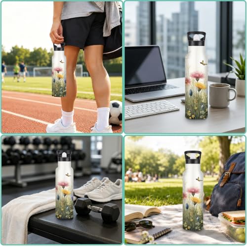 Flower Insulated Water Bottle,Butterfly Stainless Steel Water Bottles 20 oz with Straw Lid,Leak Resistant Double Wall Insulated Flask with Handle for Travel Outdoor Gym - color: Flower,Butterfly