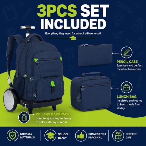 CCJPX 3Pcs Men & Boys Rolling Backpack with Bigger Wheels, Extra-Large Wheeled Bookbag with Lunch Box, Water Resistant Roller Luggage for Travel, Work, College (Blue) - color: Blue(upgrade Large Wheel)