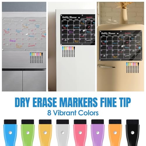 8 Dry Erase Markers for Acrylic Calendar, Magnetic Fine Tip Markers with Eraser Cap for Refrigerator Calendar, Acrylic Dry Erase Board and Magnetic Whiteboard