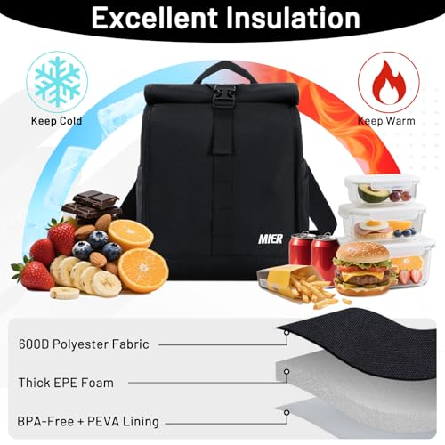 MIER Insulated Lunch Bag Roll Top Lunchbox for Women Men Adults Foldable Rolltop Lunch Tote with Shoulder Strap for Work Office Picnic, Water Bottle Holder, Black - color: Black