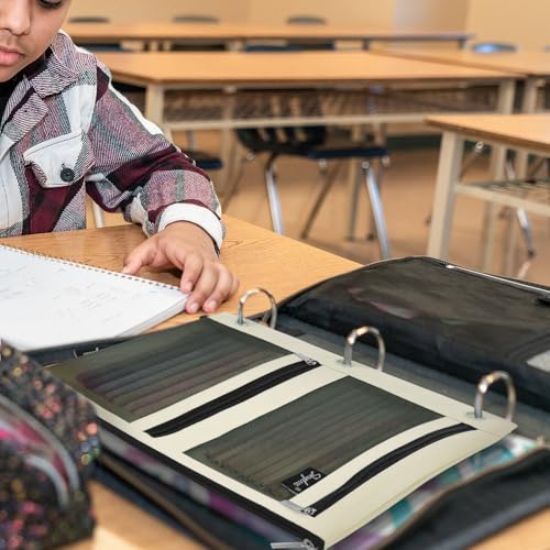 SKYDUE 3 Ring Pencil Pouch for Binder, Zipper Binder Pencil Pouch with 3 Pockets and Mesh Window, Durable Organizer for School Supplies, Cables, Earbuds, Makeup - color: Beige