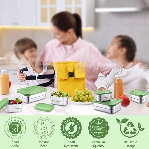 Homikit 3 Pack Kids Lunch Box Set, 18/10 Stainless Steel Bento Boxes with Silicone Lids Leak Proof, 5 Cups Reusable Metal Food Snack Containers for School Daycare, Nontoxic & Dishwasher Safe, Green - color: Green, size: Medium