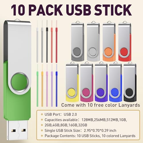 FEBNISCTE Flash Drive 256MB (NOT 256GB) Bulk Pack of 10 USB 2.0 Thumb Drives - Small Capacity 256 MB USB Sticks Value Multipack Pendrives - Multicolor Portable Zip Drive Swivel Pen Drive Jump Drive | USB 2.0Small Capacity 256 MB USB Sticks Value Multipack