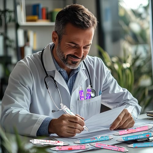 Idealmuzik Nurse Appreciation Week Ballpoint Pens Set of 10 – Nurse Theme Pens with Stethoscope, Heart & ECG Designs and Encouraging Quotes – Smooth Black Ink Pens for Hospital, Office, and Daily Use - style: Medicine