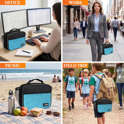 opux Insulated Lunch Bag for Kids, Reusable Lunch Box for School with Leakproof Lining, Compact Soft Cooler Tote for Boys & Girls, Front Pocket, Mesh Side Bottle Holder (Heather Sea Blue) - color: Heather Sea Blue