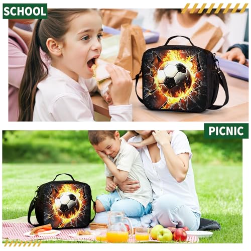 Soccer Lunch Box Fire Football Out of Wall Kids Lunch Bag With Shoulder Strap for Boys Girls Durable Insulated Lunch Cooler Bag Thermal Meal Tote for School Picnic Black - color: A-Soccer Fire