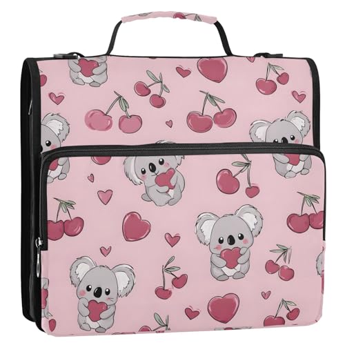 3 Ring Zipper Binder Koala Pink Cherry Binders Bag with Shoulder Strap 500 Sheets Paper Organizer Trapper Keeper Documents Storage File Folder for School Office - color: A2809