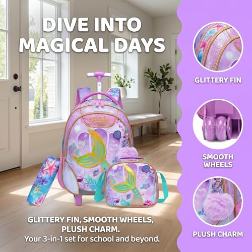 Kids Rolling Backpack for Girls Mermaid Trolley Suitcases Luggage with Wheels Bookbag Wheeled 3pcs on Lunch Box Pencil Case Elementary Teenagers Pink for Girls Age 5-12 - color: Pink-0130-meirenyu