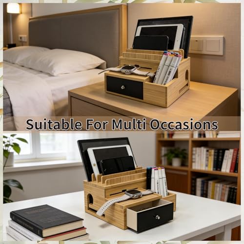 Bamboo Charging Station Organizer with 5-Cables, No USB Charger | for Multi-Devices, with Drawer and Pen Holder, Nightstand Desk Charging Stations Organizer for Cell Phone, Tablet, Etc