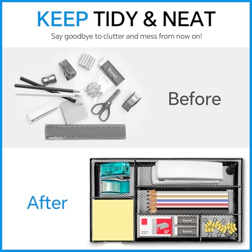 Desk Drawer Organizer, Office Drawer Divider Organizer Tray with 6 Compartments, Metal Mesh Desktop Organization and Accessories for Stationery Makeup Kitchen Toolroom School & Office - size: Small