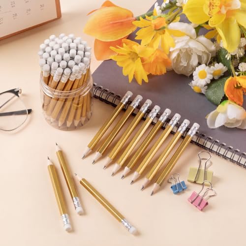 Outus 72 Pieces Golf Pencils Half Pencils with Eraser Mini Bulk Short #2 HB Pre Sharpened for Bridal Shower Wedding Office (Gold) - color: Gold