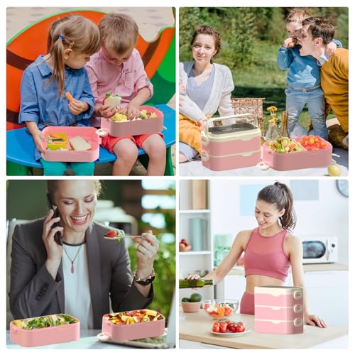 Bento Box Adult Lunch Box, Stackable 3 Layers Large Capacity Lunch Containers, Microwave and Dishwasher Safe Food Grade Containers with Utensils, Dividers and Sauce Boxes for Men, Women, Kids - color: Pink-White