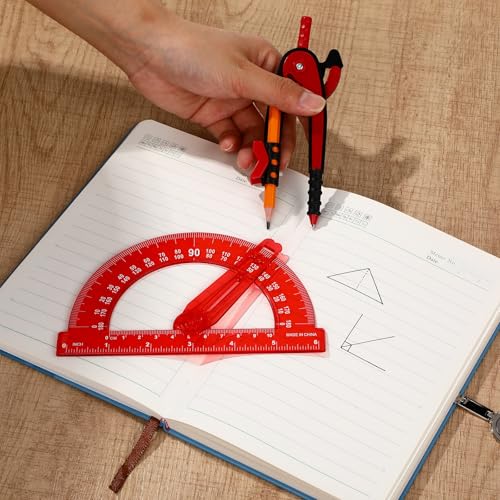 Zonon 2 Pcs Student Protractor and Compass, Student Geometry Math Set Drawing Compass and 180 Degree 6 Inch Protractor with Swing Arm for Drawing Measuring School Office (Red) - color: Red