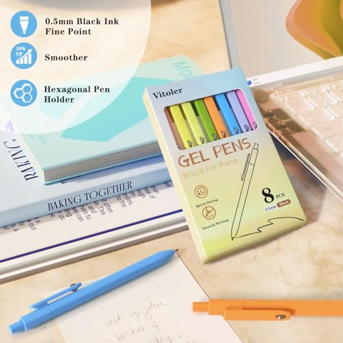Piochoo Gel Pens, 8 Pack Fine Point Black Ink Smooth Writing Ink Pen, Retractable Quick Dry Aesthetic Cute Pens for Women Nurses School Office Supplies - color: Rainbow Colors