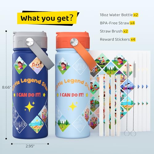 GoKEDA Kids Water Bottle with Stickers, 18oz Vacuum Double Insulated Cup with Straw, 316 Stainless Steel Bottles for School, Gift for Boy(2 Pack, Light Blue and Dark Blue) - color: Light Blue and Dark Blue