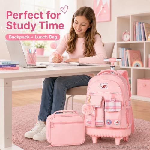 gxtvo 3PCS Rolling Backpack for Girls, Women Wheeled Bookbag with Lunch Box for Adults, Kids Water Resistant Roller School Bag for Teens Travel - Pink - color: 3pcs Set Pink