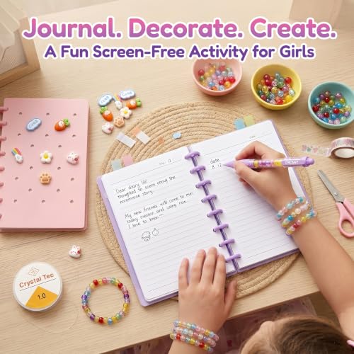 DIY Journal Kit for Girls, Cute Kawaii Stationery Gift Set with 2 Hole-Punched Spiral Notebooks , 2 Beadable Pens, 100 Beads&5m Elastic String,Arts and Crafts Birthday Gift for Tween Girls Age 8-12+