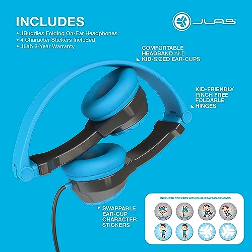 JLab JBuddies Folding Kids Wired Headphones with Volume limiting and Noise Isolation, Gray/Blue - color: Blue/Gray, style: Folding