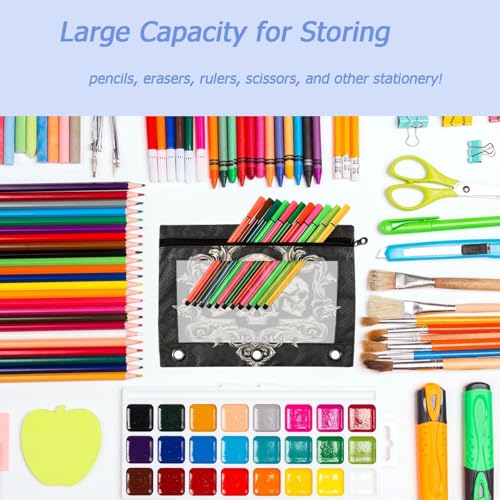 2 Pack Gothic Skulls Grunge Style Art Logo 3 Ring Binder Pencil Pouches Bags,Clear Window Storage Case with Zipper for Boys Girls School Office Supplies Cosmetics Organizers - color: Multi-skull