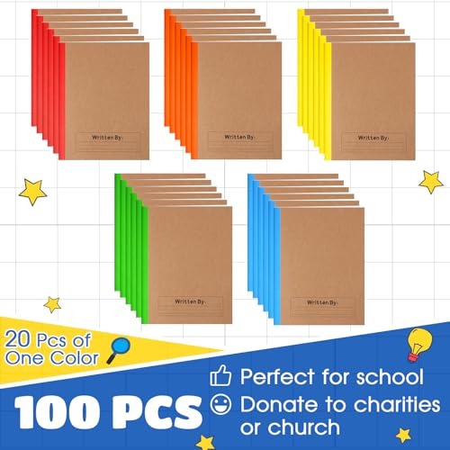 Henoyso 100 Pack Bulk Primary Composition Notebooks for Kids - Wide Ruled Journal with Picture Space, 60 Pages, Rainbow Spine, 9.75 x 7.5 in for Office, School, Journaling, Back to School Supplies