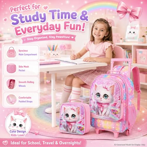 WZLVO 4PCS Rolling Backpack for Girls, Kids Cat Roller Backpacks with Wheels for Kids, Wheeled Bookbag Set for Toddler Elementary School - color: Cat Pink