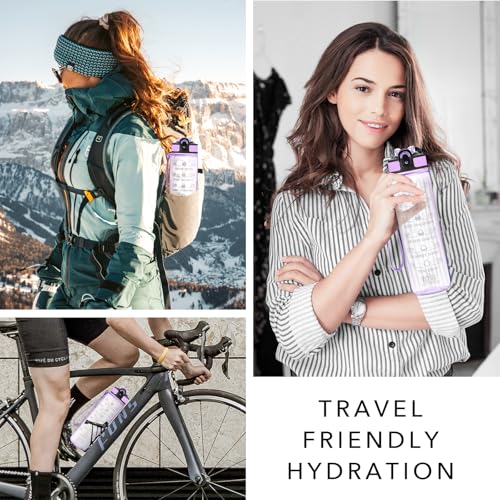 Hyeta Water Bottle with Straw & Time Marker, Plastic 32oz Leakproof | Motivational Tritan BPA Free Gym Office Outdoor Intake Tracker Hourly Reminder Straw Lid Carry Strap - color: Clear Wisteria