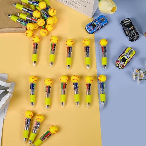 LiYiQ 25 Pcs Softball Multicolor Pen in One Cartoon Cute Fun 4-in-1 Cute Pens Bulk Kawaii Softball Shape Cool Ballpoint Pens Fun Gifts - style: Softball