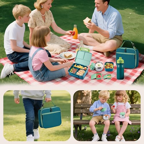 Bento Lunch Box for Kids with Thermos, Leakproof Bento Box with 8oz Insulated Food Jar, Insulated Bottle, Lunch Bag, BPA Free Dishwasher Safe 4 Compartment Container for School Girls Boys (Green)