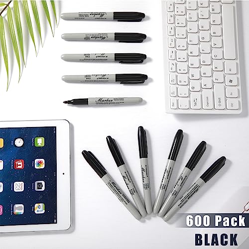 Thenshop 600 Pack Black Permanent Markers Bulk - Fine Point Permanent Marker Quick Drying Waterproof Pens for Doodling Writing Marking Classroom Work on Wood Metal Stone Glass, Office School Supplies